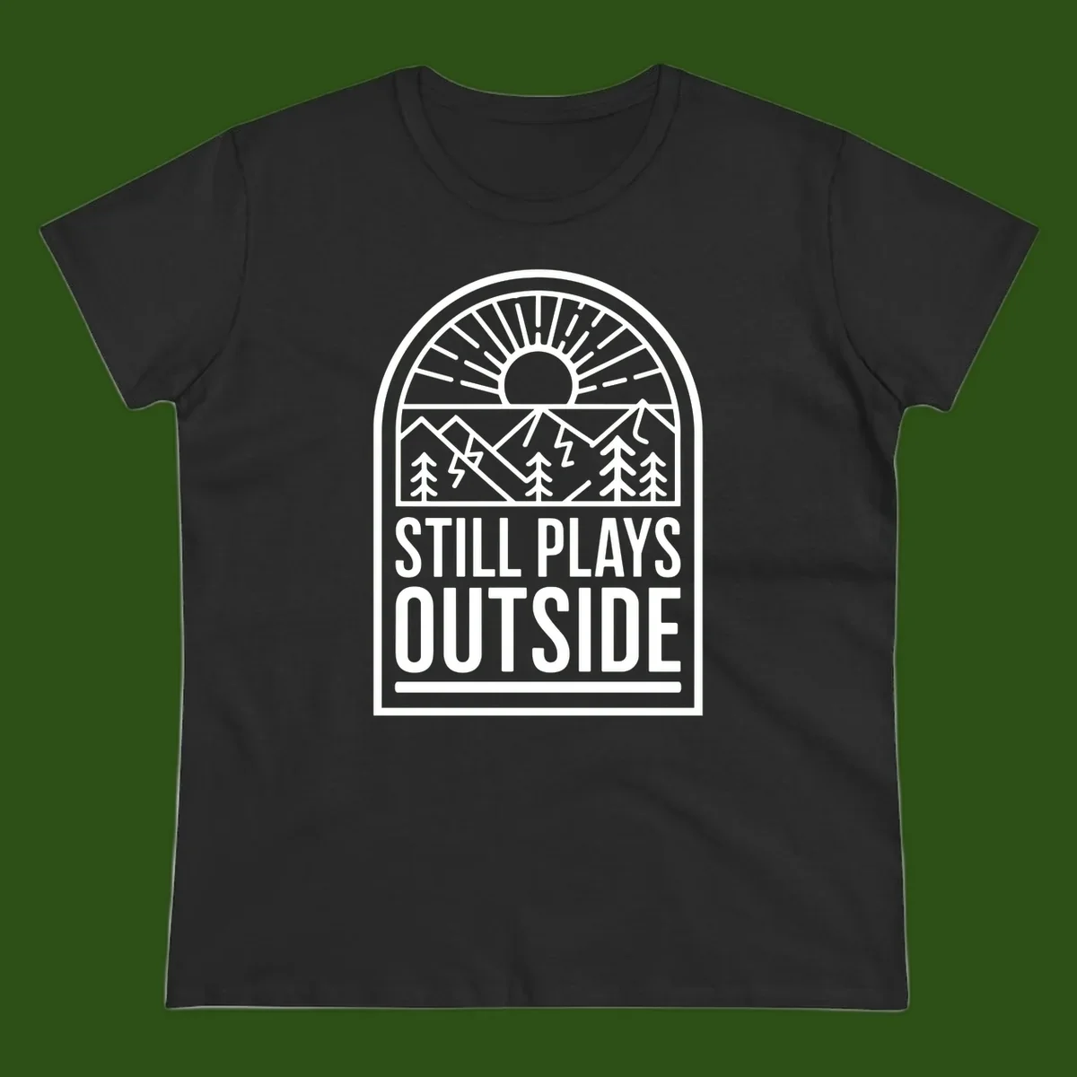 Still Plays Outside badge design featuring mountains, sun, pine trees, and lightning bolt in minimalist line art style