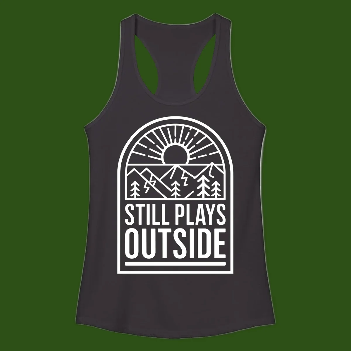 Still Plays Outside badge design featuring mountains, sun, pine trees, and lightning bolt in minimalist line art style