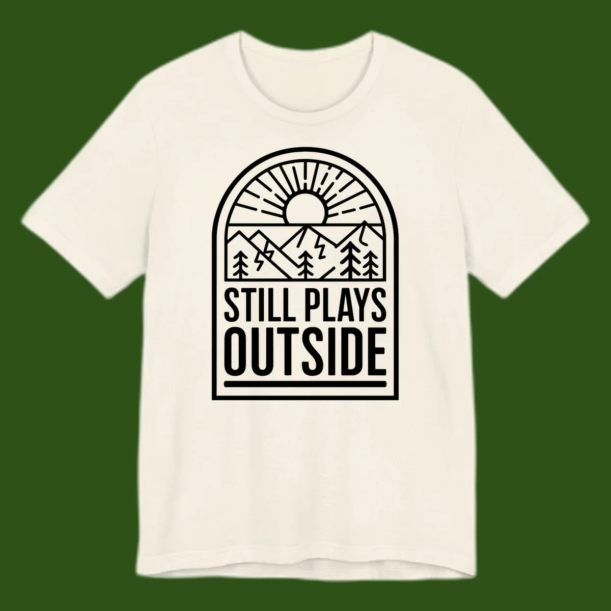 Still Plays Outside badge design featuring mountains, sun, pine trees, and lightning bolt in minimalist line art style