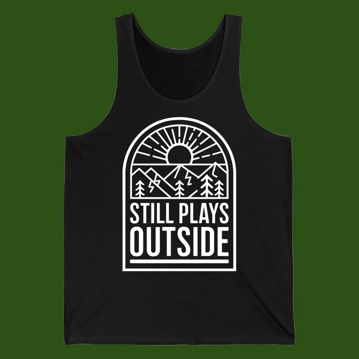 Still Plays Outside badge design featuring mountains, sun, pine trees, and lightning bolt in minimalist line art style