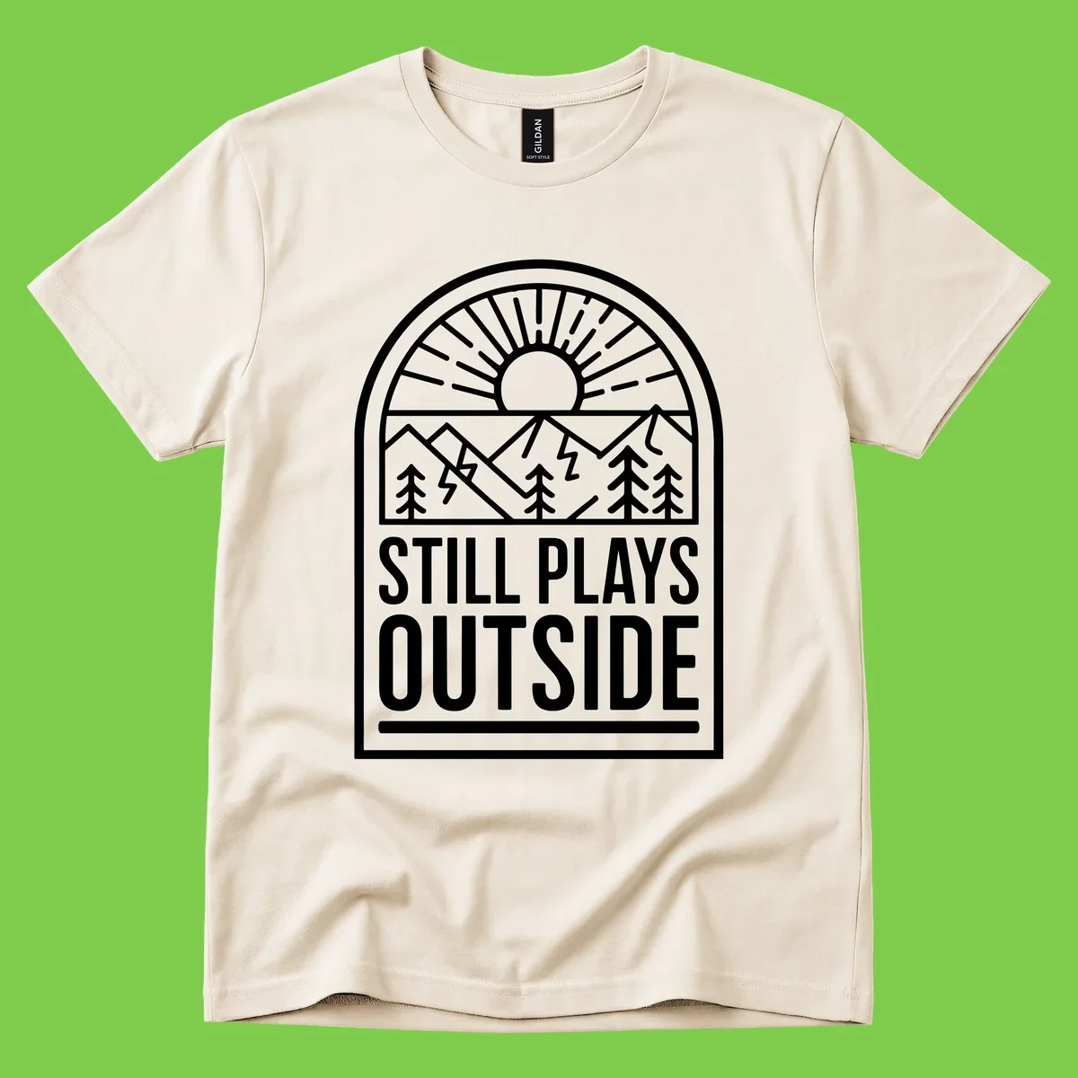 Still Plays Outside badge design featuring mountains, sun, pine trees, and lightning bolt in minimalist line art style