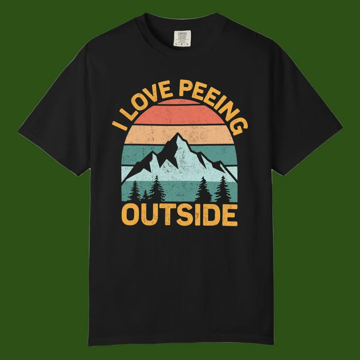 Retro sunset design with snow mountains and trees, text reads 'I Love Peeling Outside' in distressed gold lettering