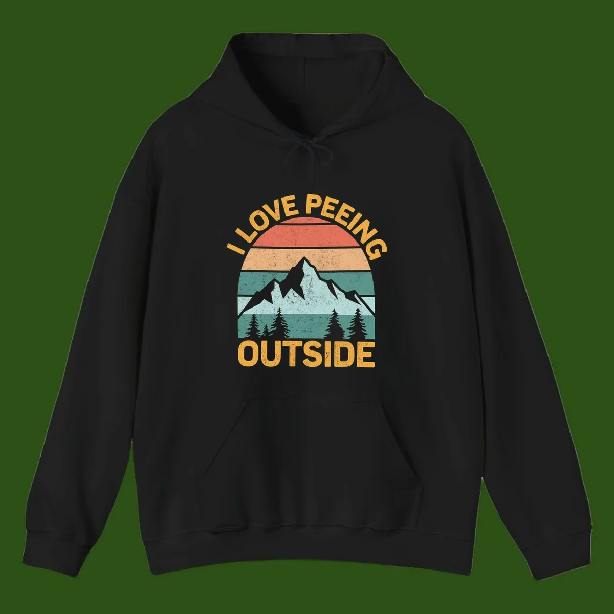 Retro sunset design with snow mountains and trees, text reads 'I Love Peeling Outside' in distressed gold lettering
