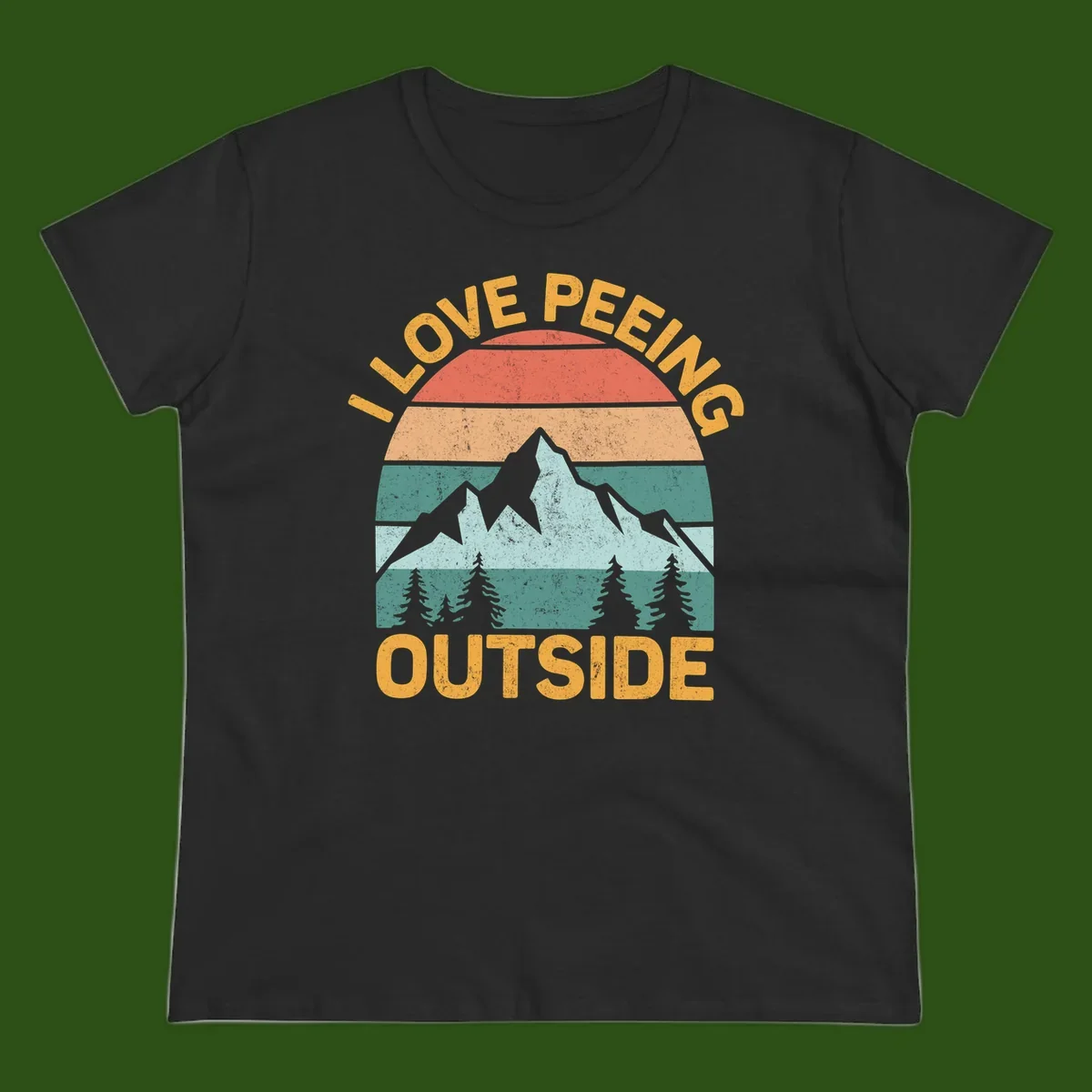 Retro sunset design with snow mountains and trees, text reads 'I Love Peeling Outside' in distressed gold lettering