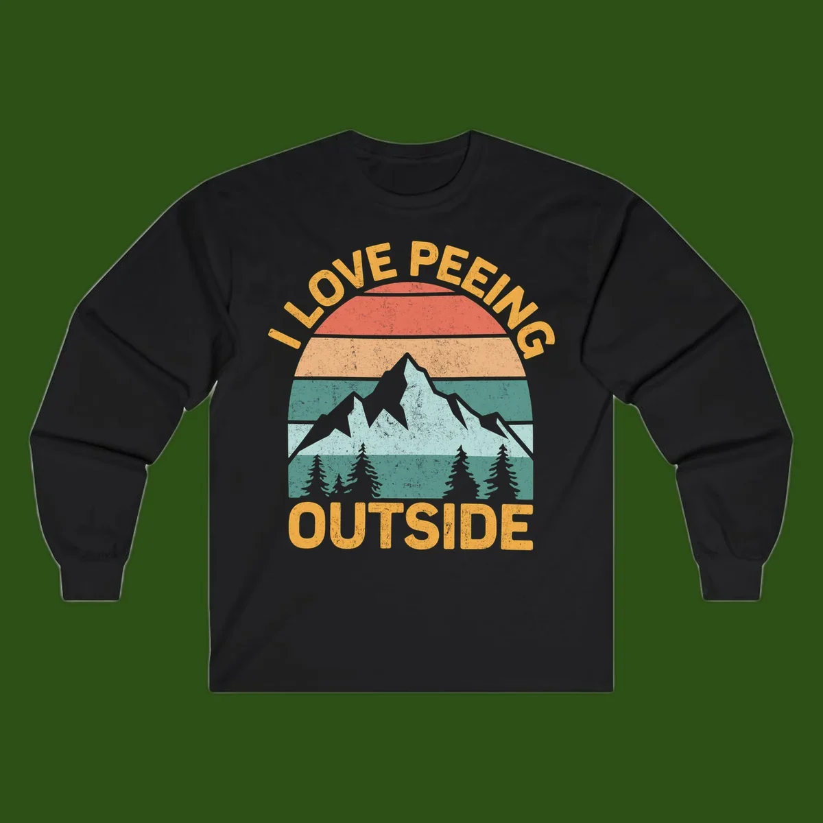Retro sunset design with snow mountains and trees, text reads 'I Love Peeling Outside' in distressed gold lettering