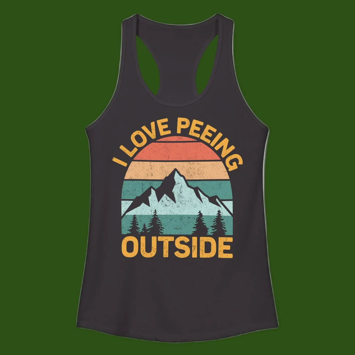 Retro sunset design with snow mountains and trees, text reads 'I Love Peeling Outside' in distressed gold lettering