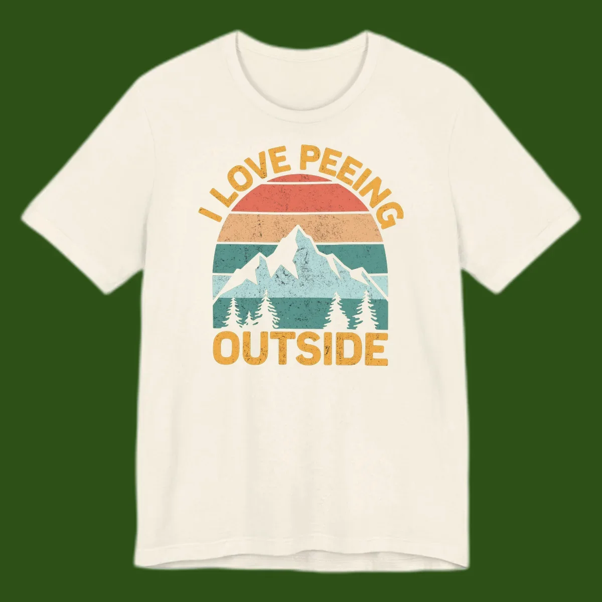 Retro sunset design with snow mountains and trees, text reads 'I Love Peeling Outside' in distressed gold lettering