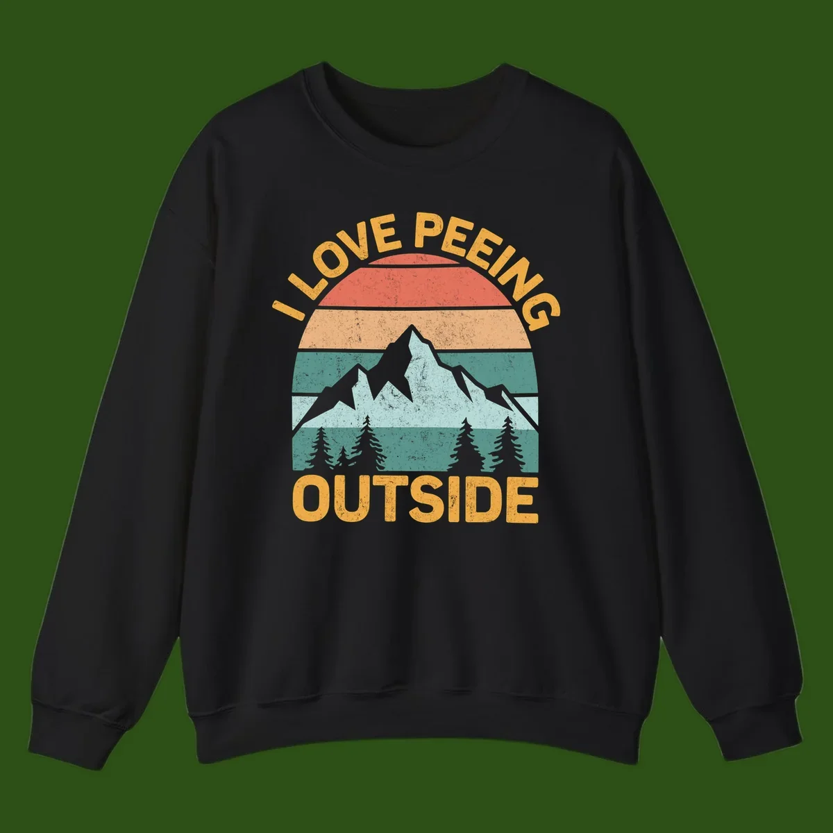 Retro sunset design with snow mountains and trees, text reads 'I Love Peeling Outside' in distressed gold lettering