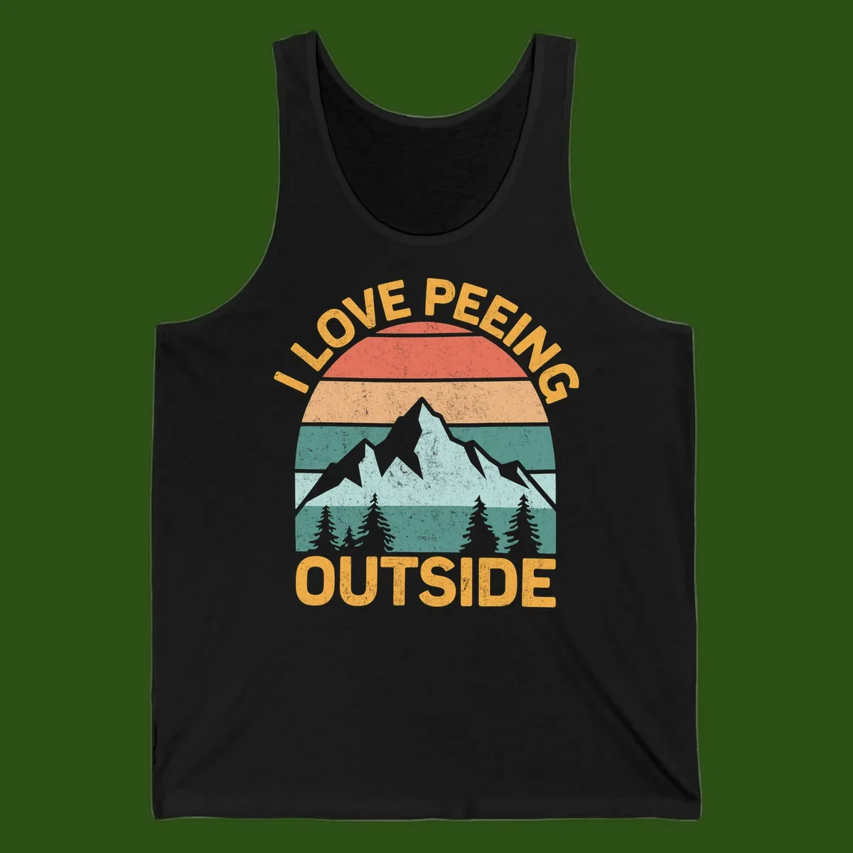 Retro sunset design with snow mountains and trees, text reads 'I Love Peeling Outside' in distressed gold lettering