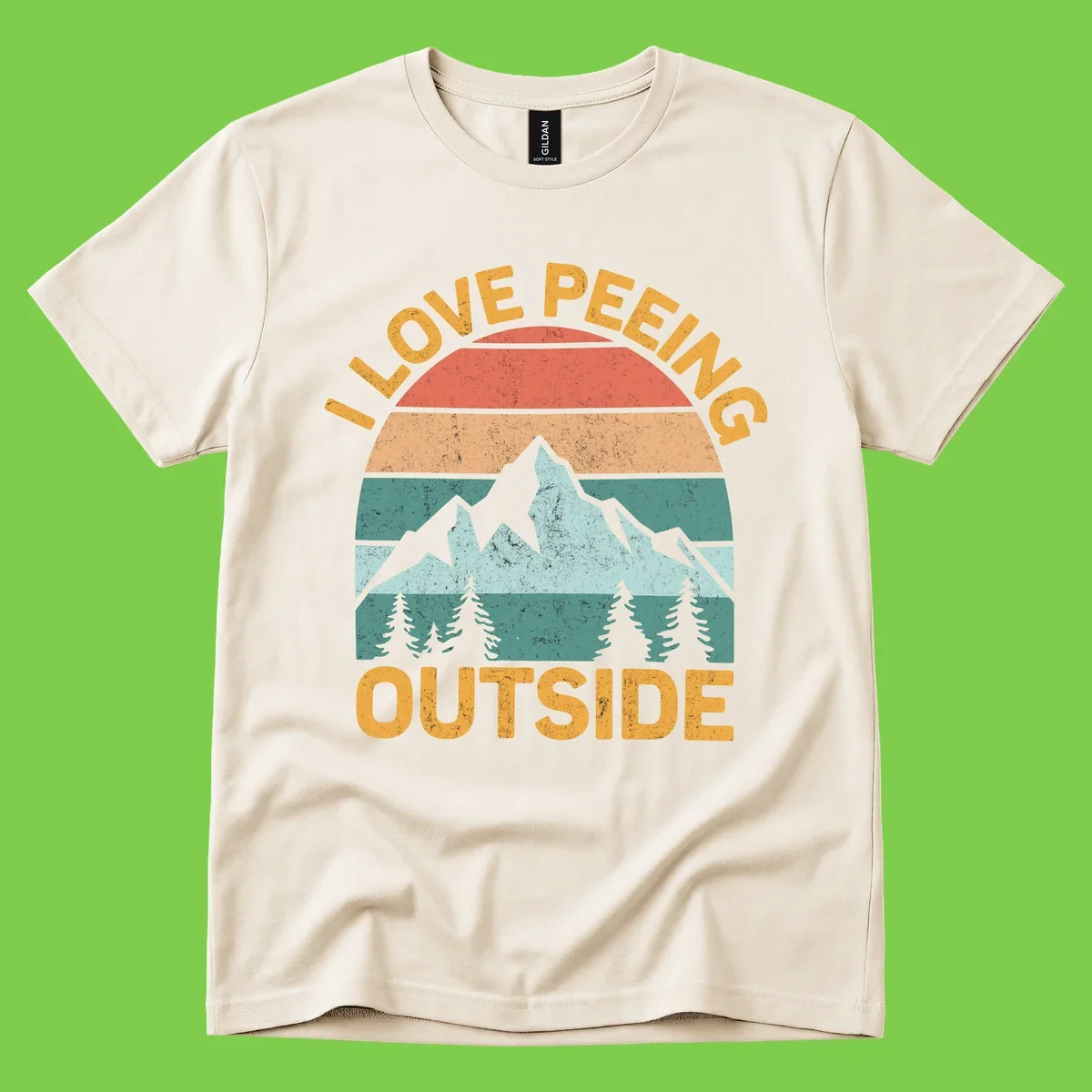 Retro sunset design with snow mountains and trees, text reads 'I Love Peeling Outside' in distressed gold lettering
