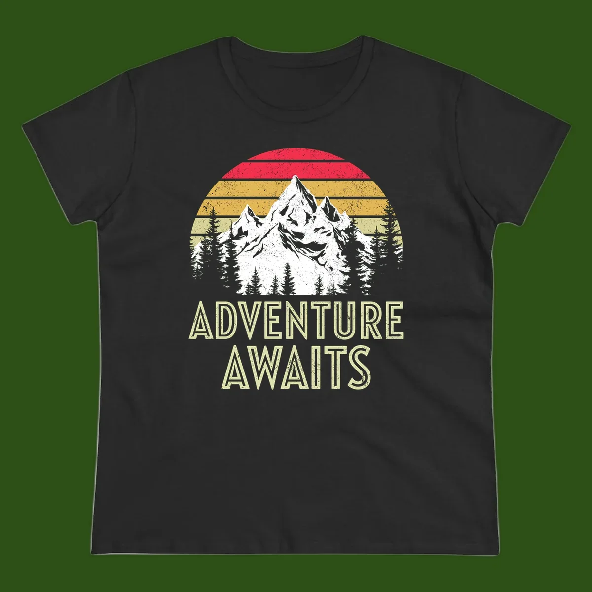 Retro adventure awaits design with snow-capped mountains, pine forest silhouettes, and vintage sunset stripes in distressed style.