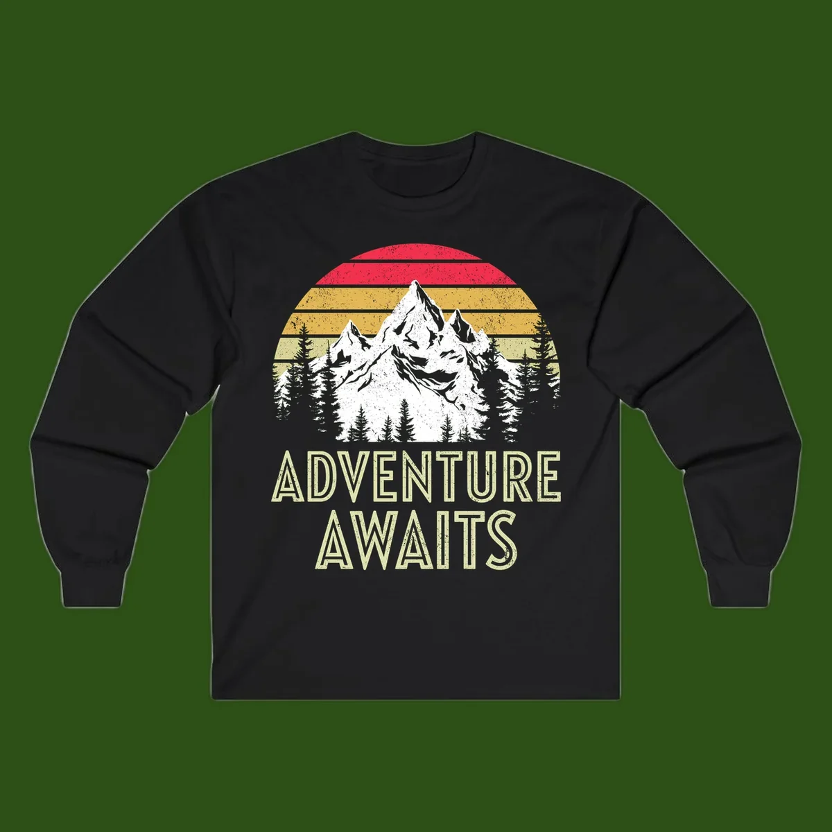Retro adventure awaits design with snow-capped mountains, pine forest silhouettes, and vintage sunset stripes in distressed style.