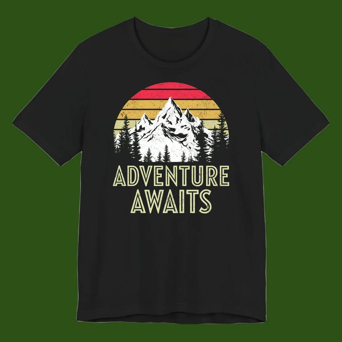 Retro adventure awaits design with snow-capped mountains, pine forest silhouettes, and vintage sunset stripes in distressed style.