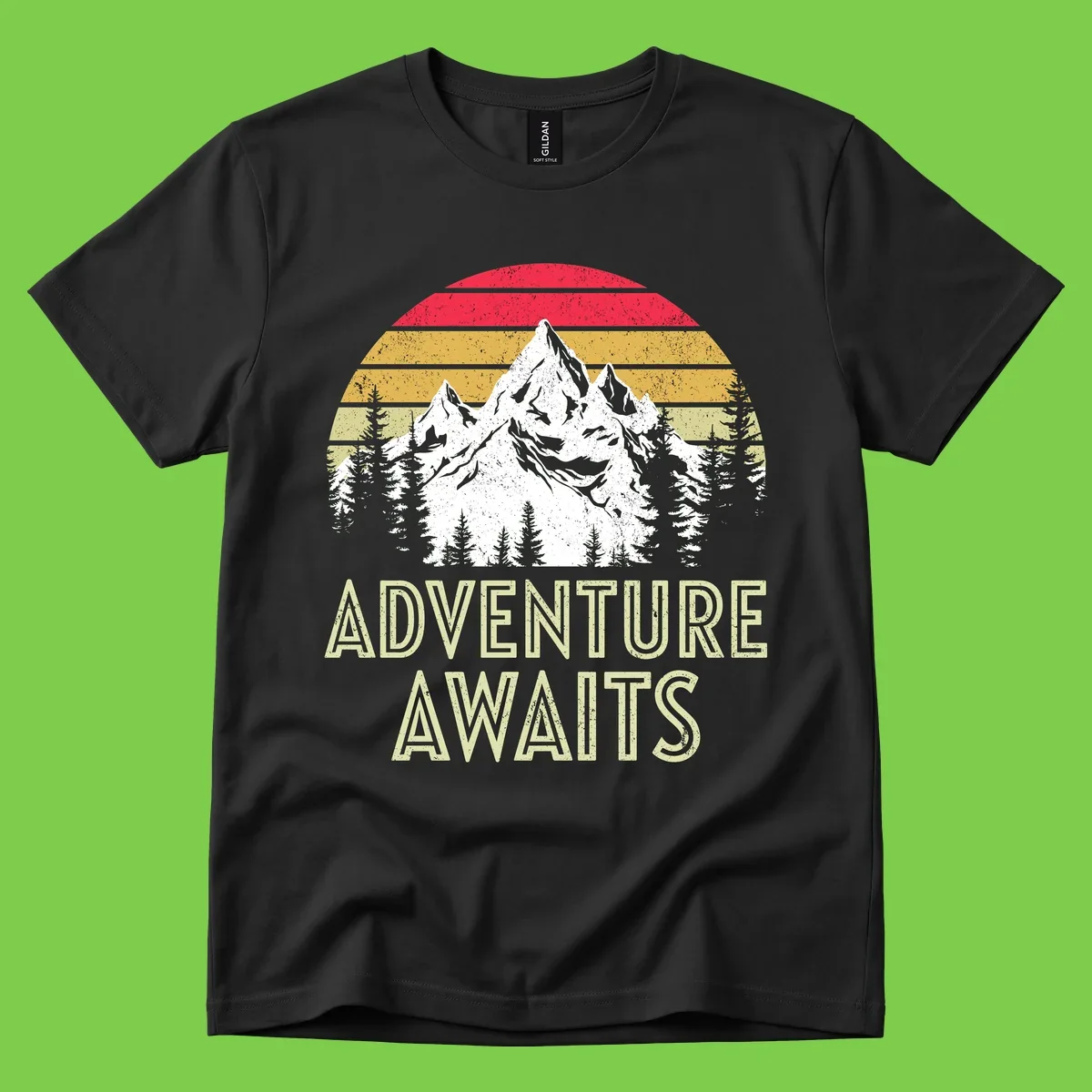 Retro adventure awaits design with snow-capped mountains, pine forest silhouettes, and vintage sunset stripes in distressed style.