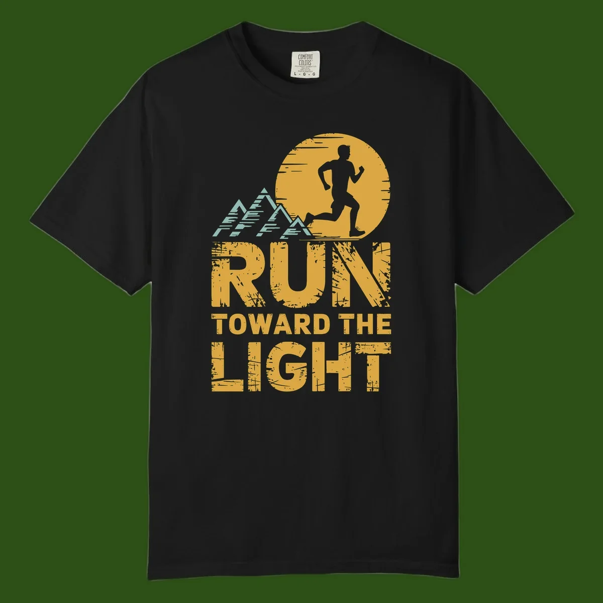 Vintage-style illustration of a runner silhouette against a glowing light with mountain peaks, text reads 'Run Toward The Light'