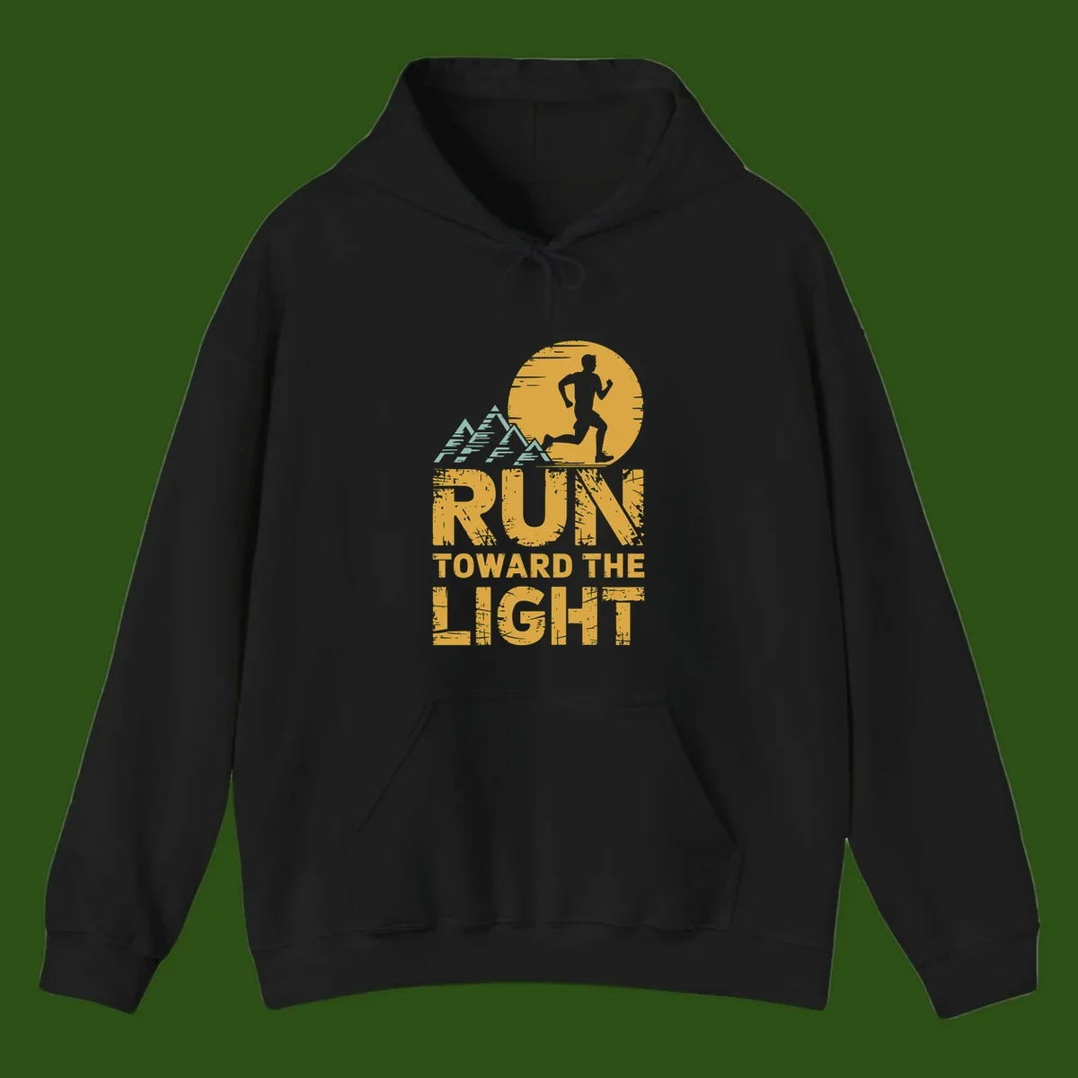 Vintage-style illustration of a runner silhouette against a glowing light with mountain peaks, text reads 'Run Toward The Light'