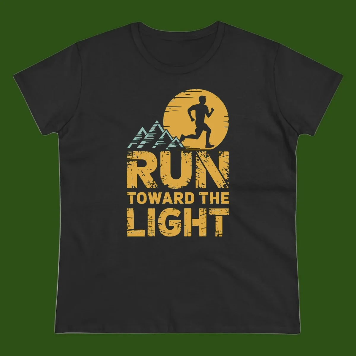 Vintage-style illustration of a runner silhouette against a glowing light with mountain peaks, text reads 'Run Toward The Light'