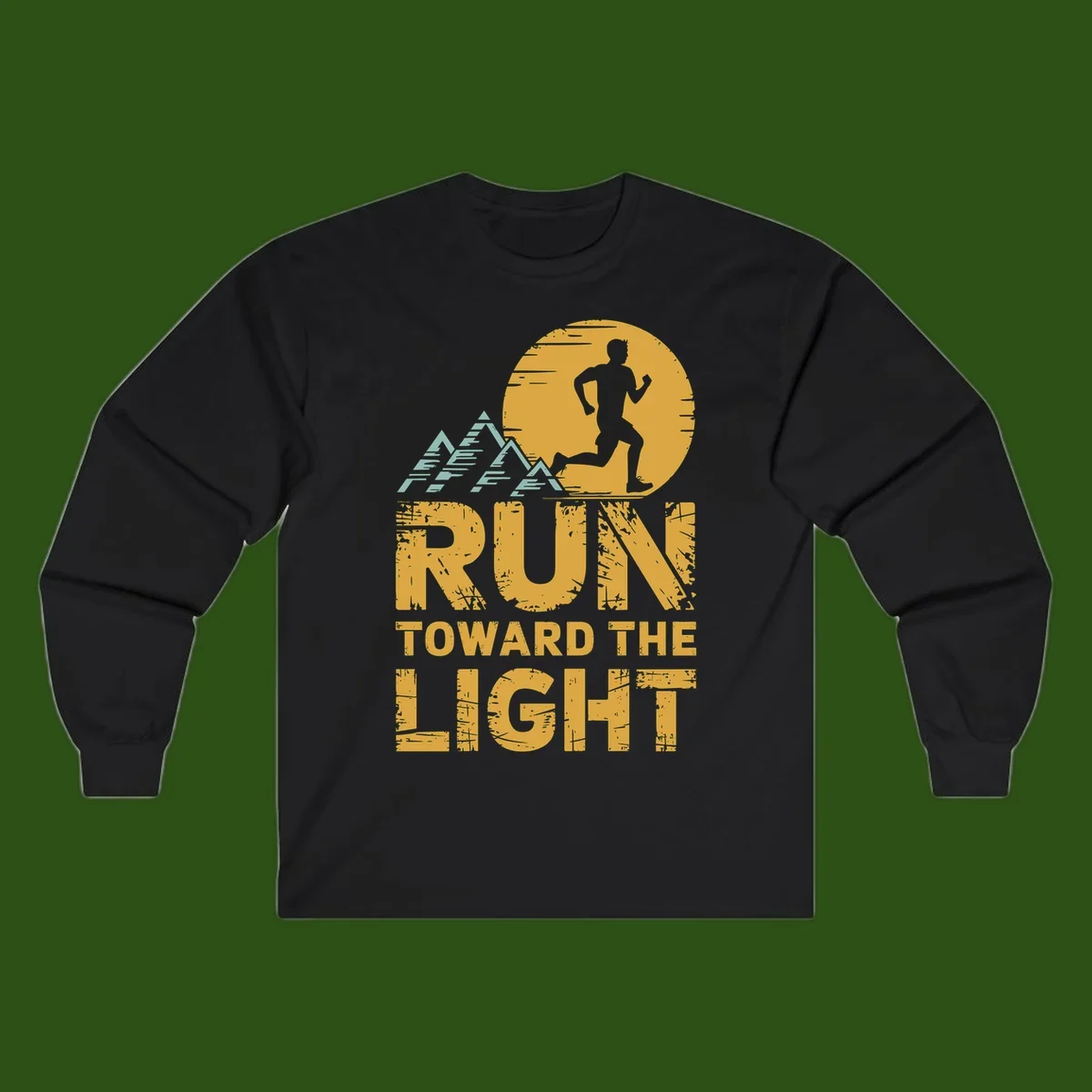 Vintage-style illustration of a runner silhouette against a glowing light with mountain peaks, text reads 'Run Toward The Light'