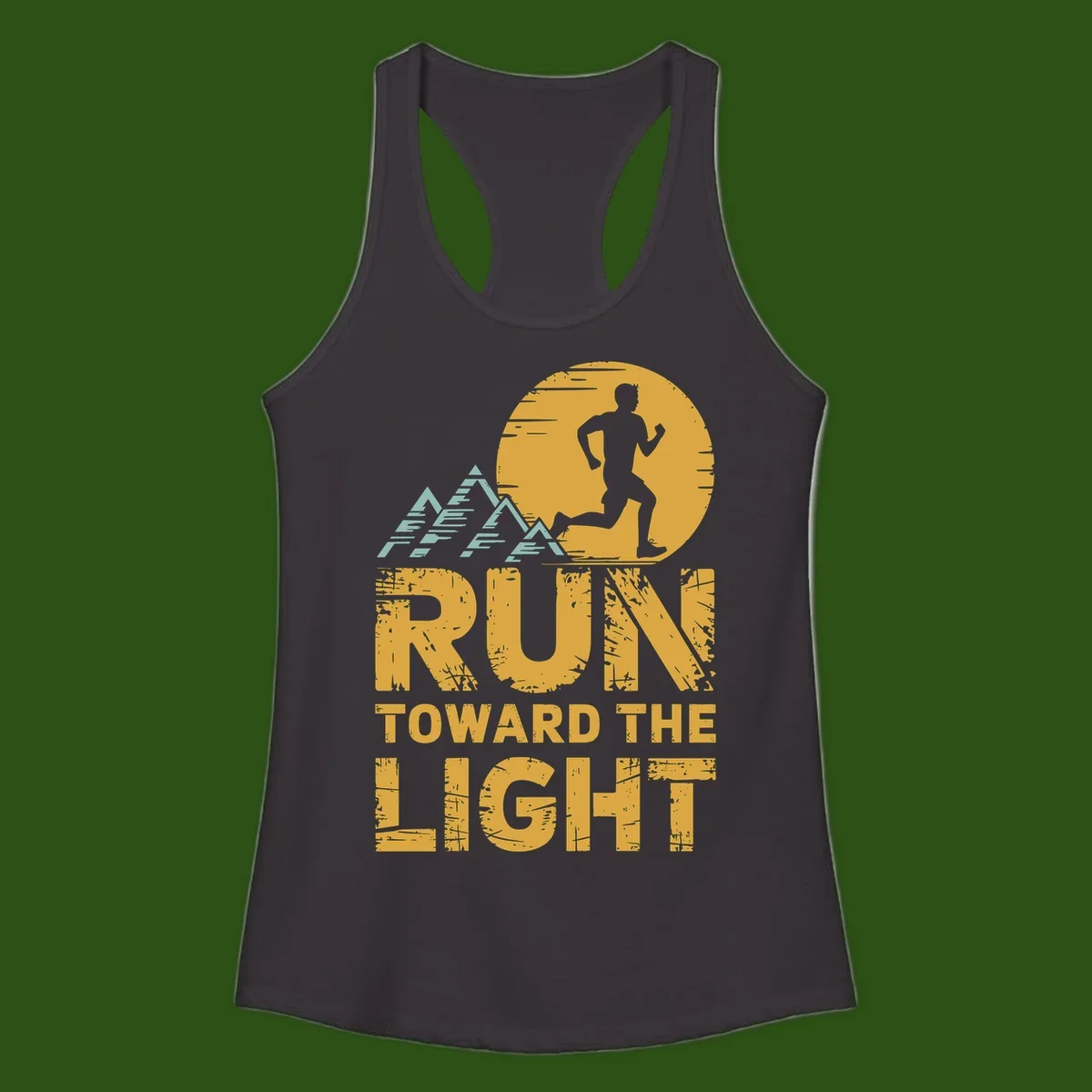 Vintage-style illustration of a runner silhouette against a glowing light with mountain peaks, text reads 'Run Toward The Light'