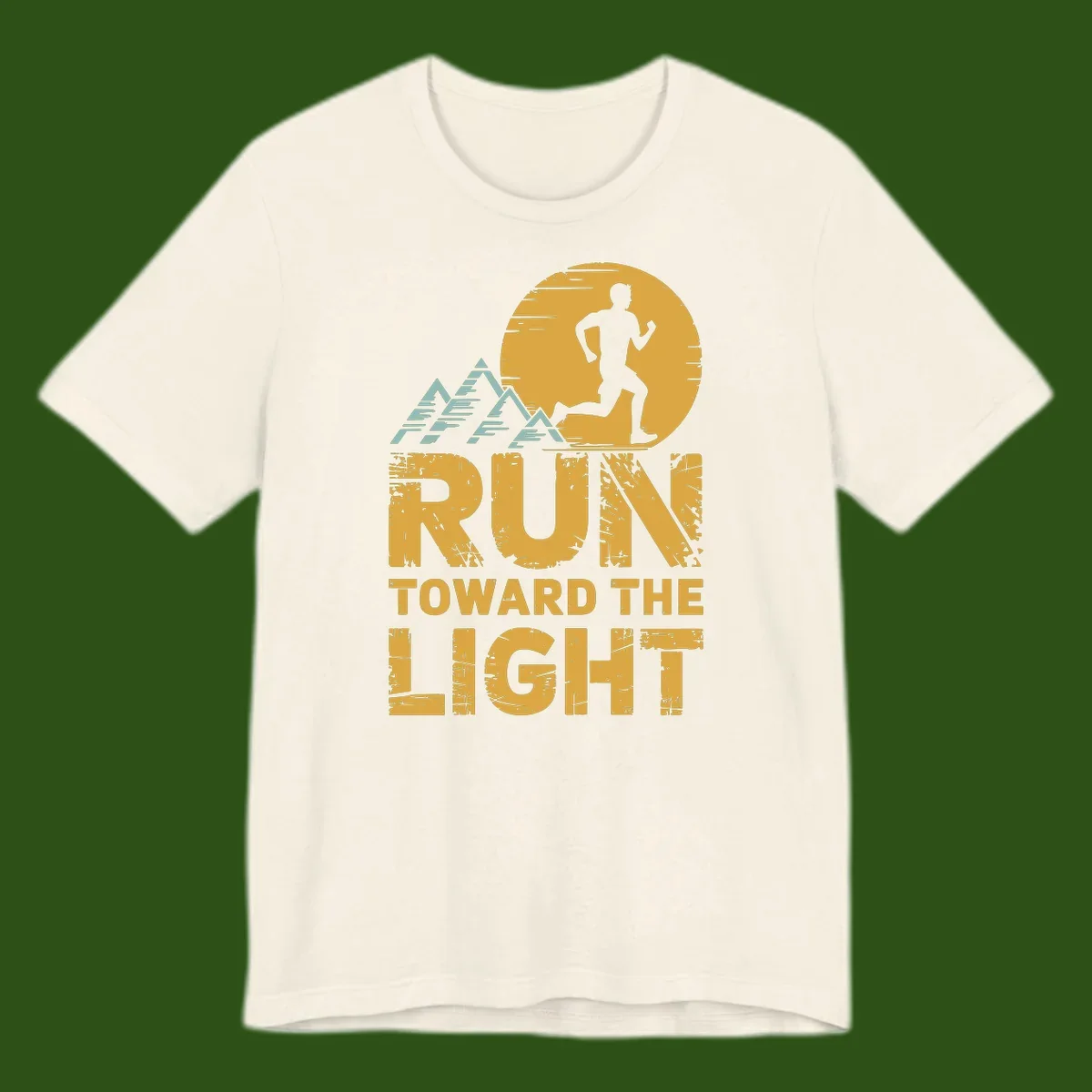 Vintage-style illustration of a runner silhouette against a glowing light with mountain peaks, text reads 'Run Toward The Light'