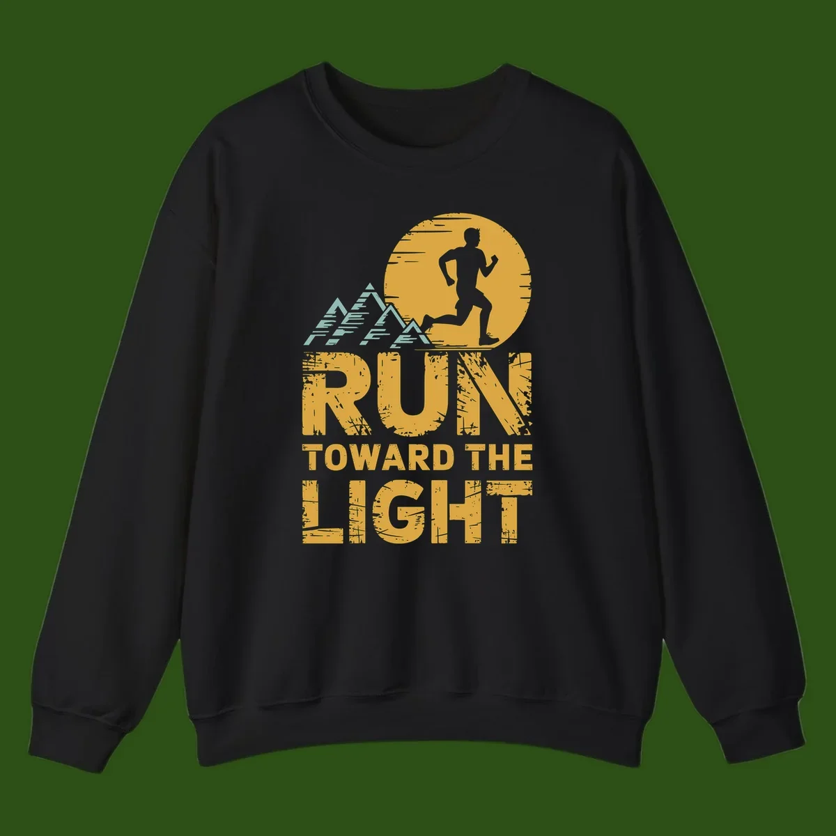 Vintage-style illustration of a runner silhouette against a glowing light with mountain peaks, text reads 'Run Toward The Light'