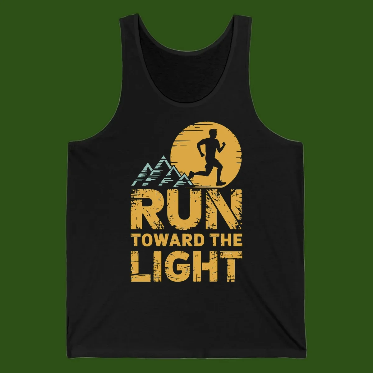 Vintage-style illustration of a runner silhouette against a glowing light with mountain peaks, text reads 'Run Toward The Light'