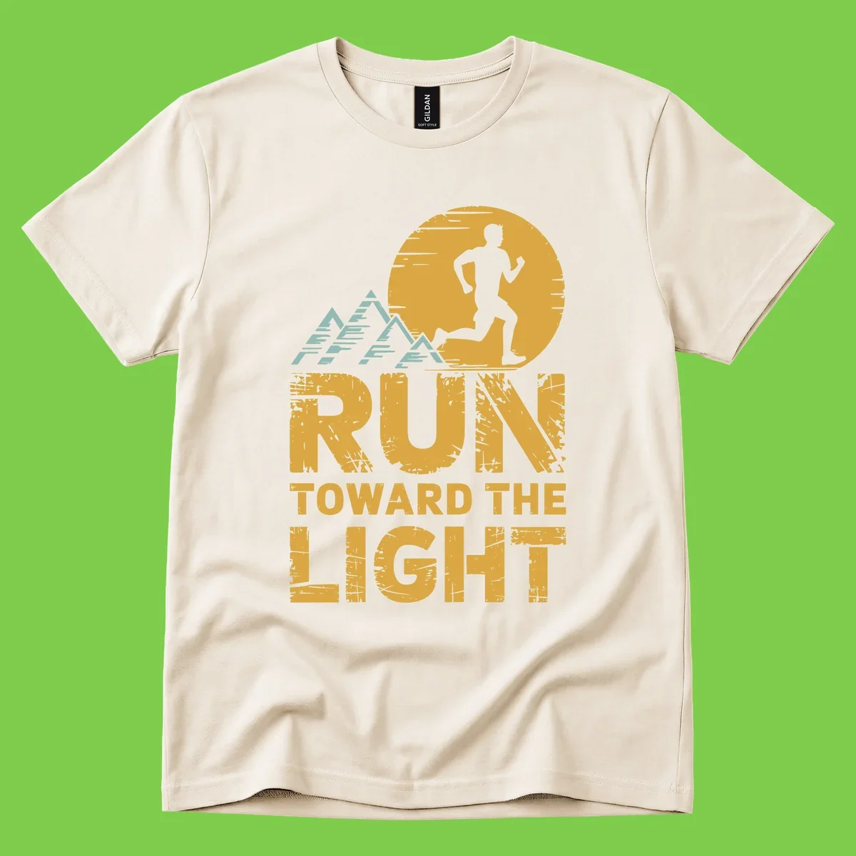 Vintage-style illustration of a runner silhouette against a glowing light with mountain peaks, text reads 'Run Toward The Light'
