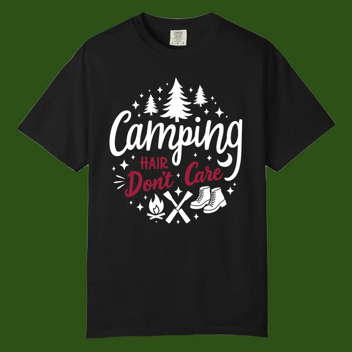Camping hair don't care design with pine trees, campfire, boots, and script lettering on gray background