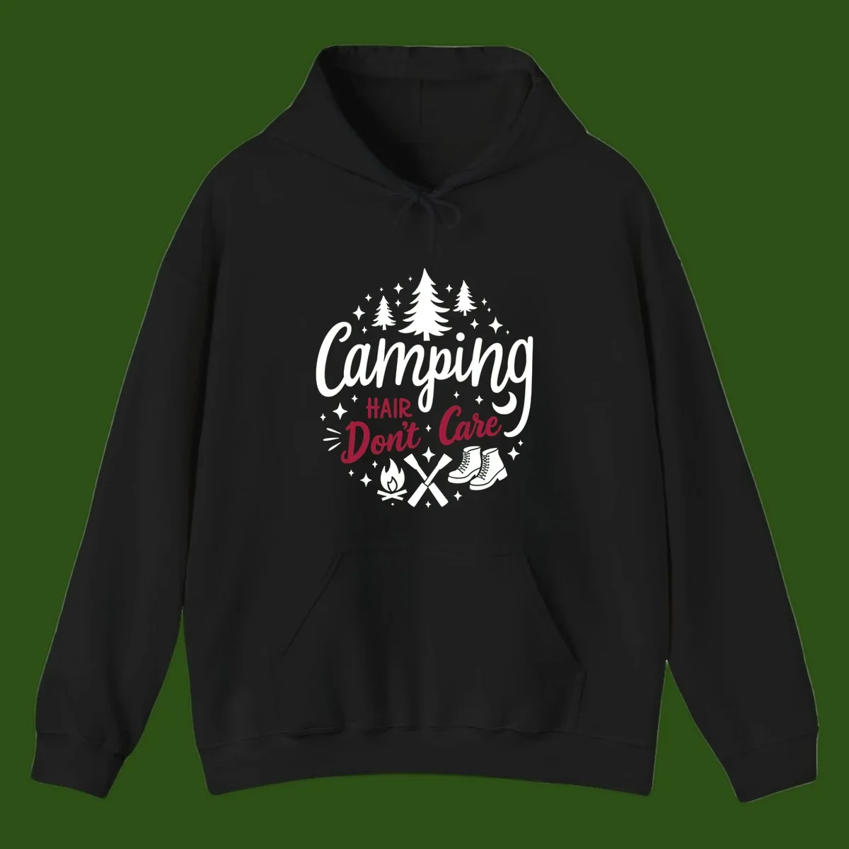 Camping hair don't care design with pine trees, campfire, boots, and script lettering on gray background