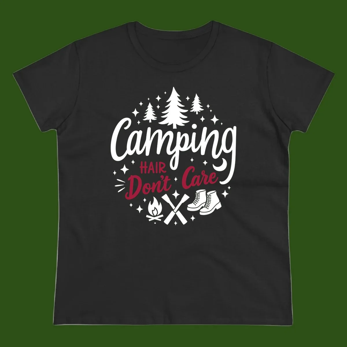 Camping hair don't care design with pine trees, campfire, boots, and script lettering on gray background