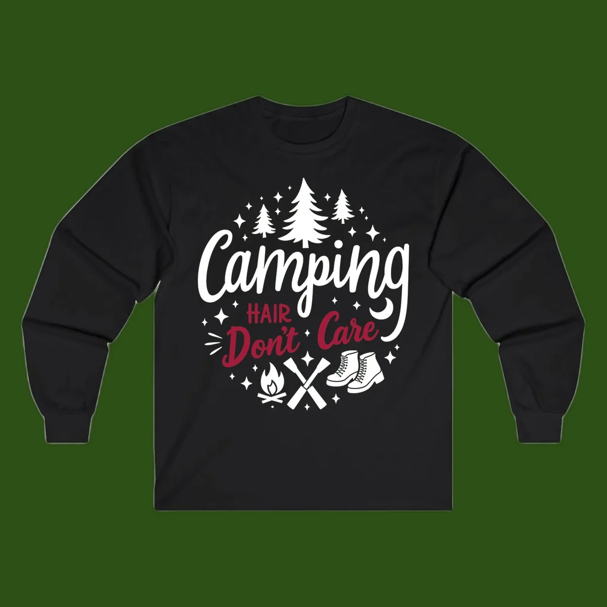 Camping hair don't care design with pine trees, campfire, boots, and script lettering on gray background