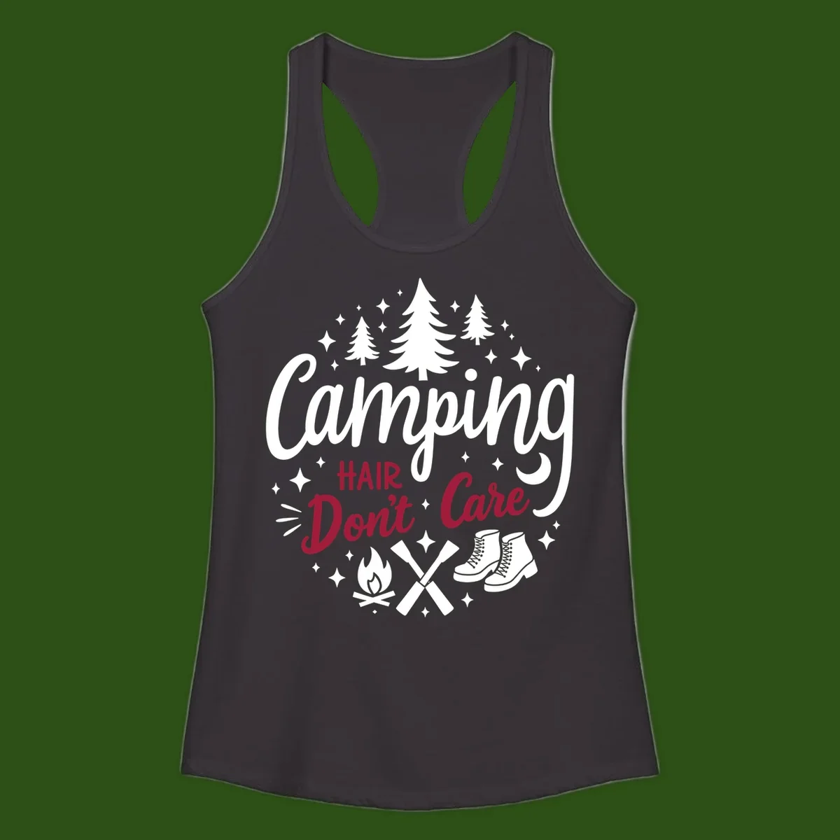 Camping hair don't care design with pine trees, campfire, boots, and script lettering on gray background