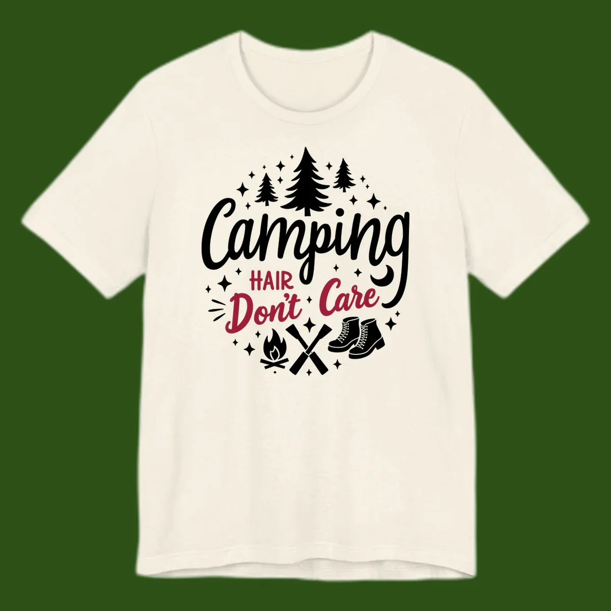 Camping hair don't care design with pine trees, campfire, boots, and script lettering on gray background