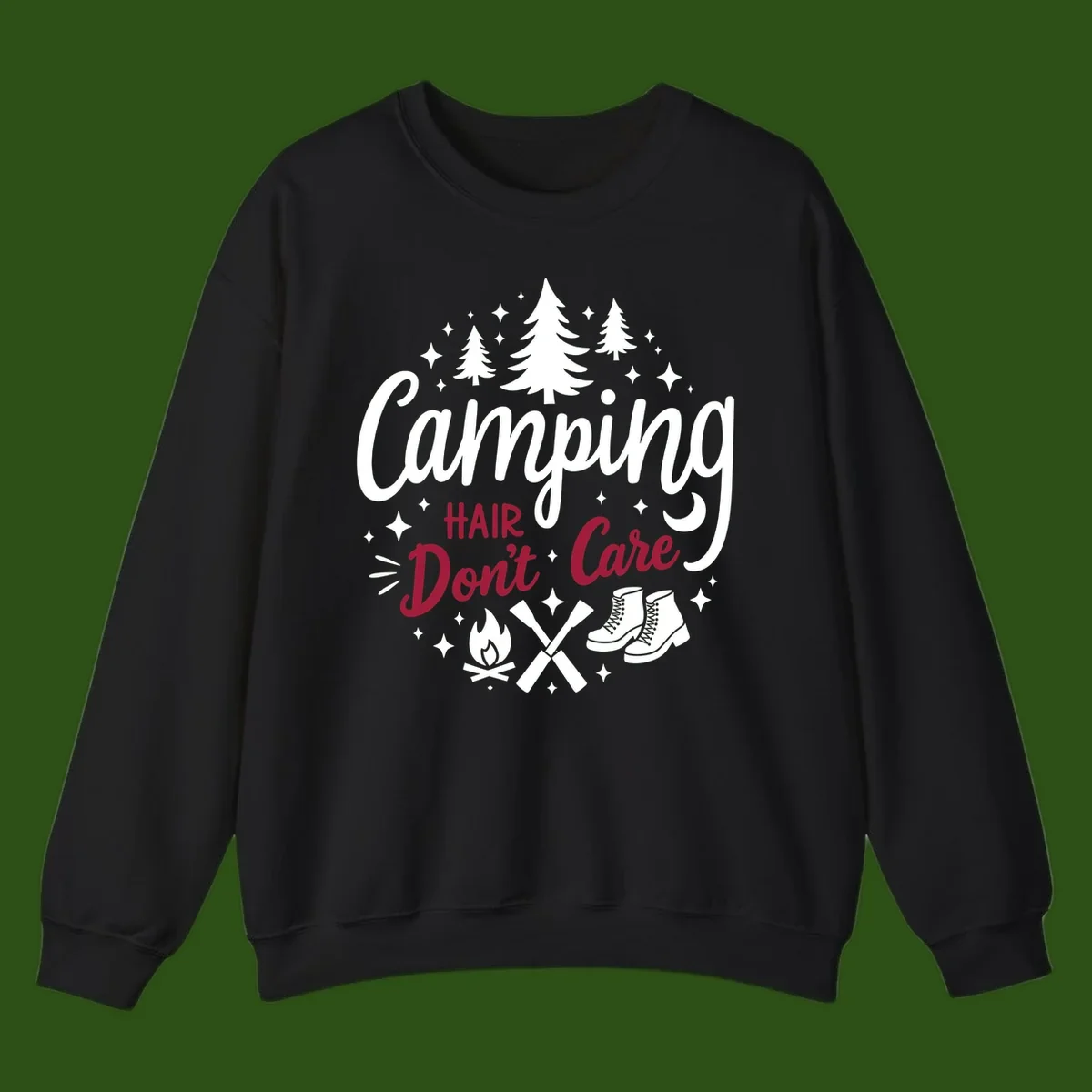Camping hair don't care design with pine trees, campfire, boots, and script lettering on gray background