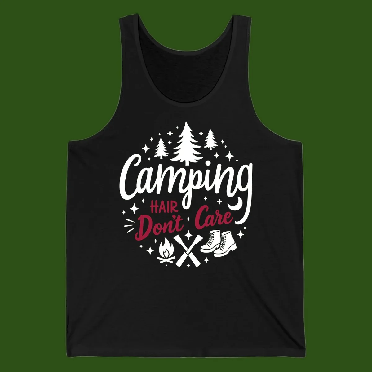 Camping hair don't care design with pine trees, campfire, boots, and script lettering on gray background