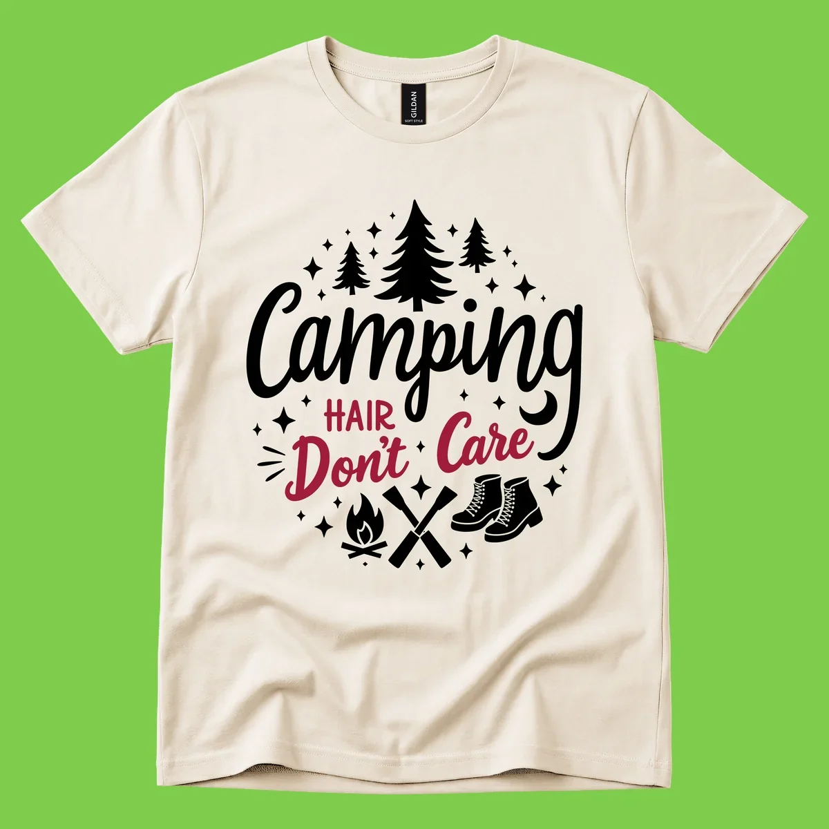 Camping hair don't care design with pine trees, campfire, boots, and script lettering on gray background