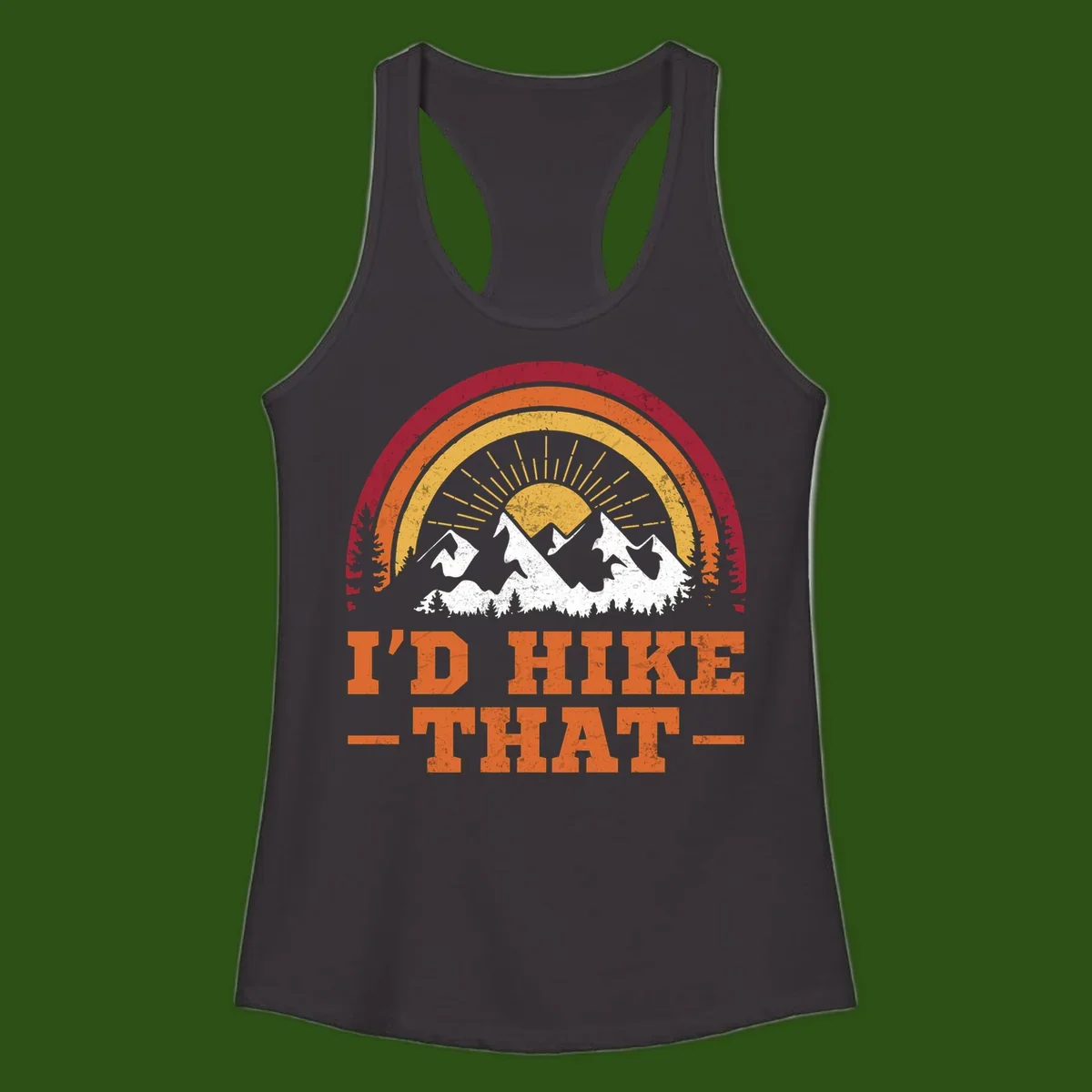 Vintage badge design with snow-capped mountains, evergreen trees, golden sun rays, and text reading 'I'd Hike That' in retro style
