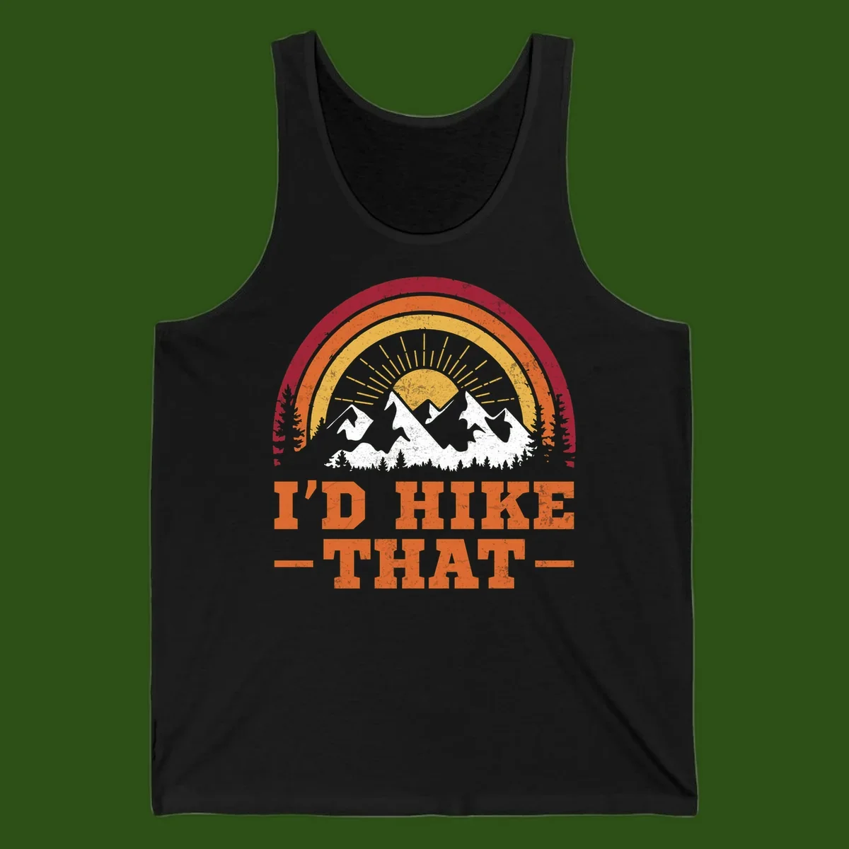 Vintage badge design with snow-capped mountains, evergreen trees, golden sun rays, and text reading 'I'd Hike That' in retro style