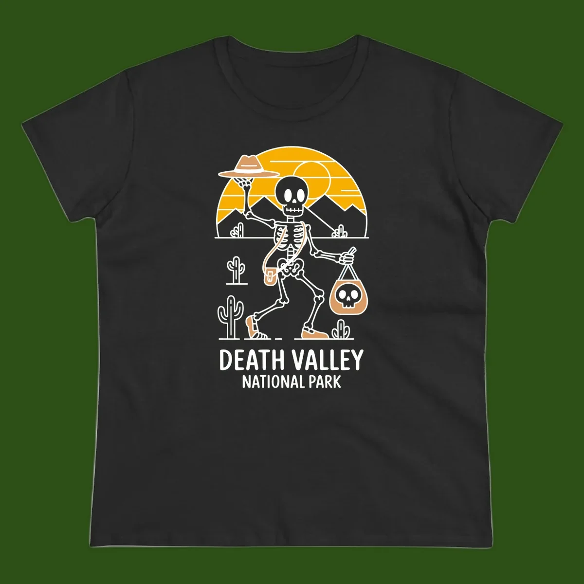 Skeleton cowboy holding skull pouch in Death Valley desert landscape with cacti, mountains, and golden sun rays