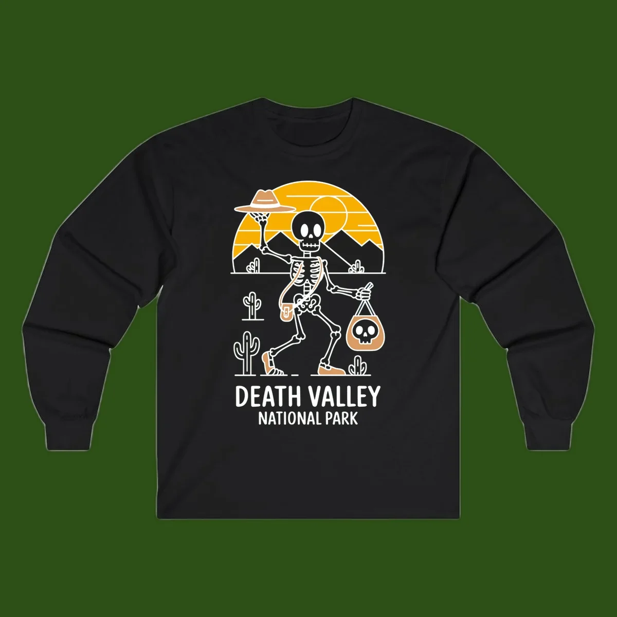 Skeleton cowboy holding skull pouch in Death Valley desert landscape with cacti, mountains, and golden sun rays