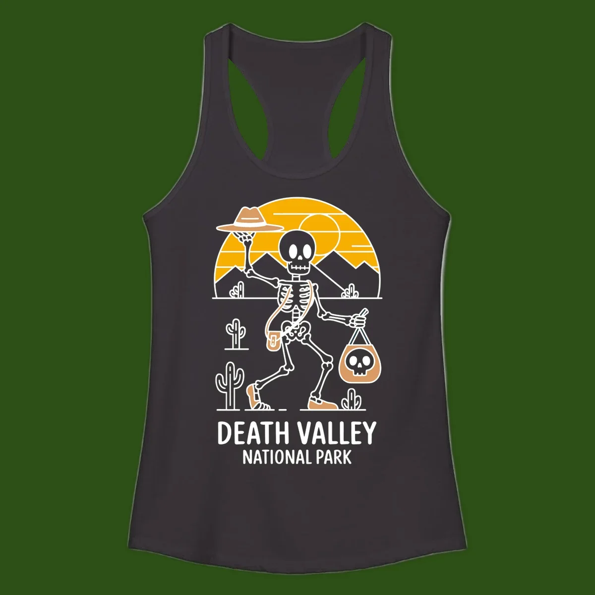 Skeleton cowboy holding skull pouch in Death Valley desert landscape with cacti, mountains, and golden sun rays