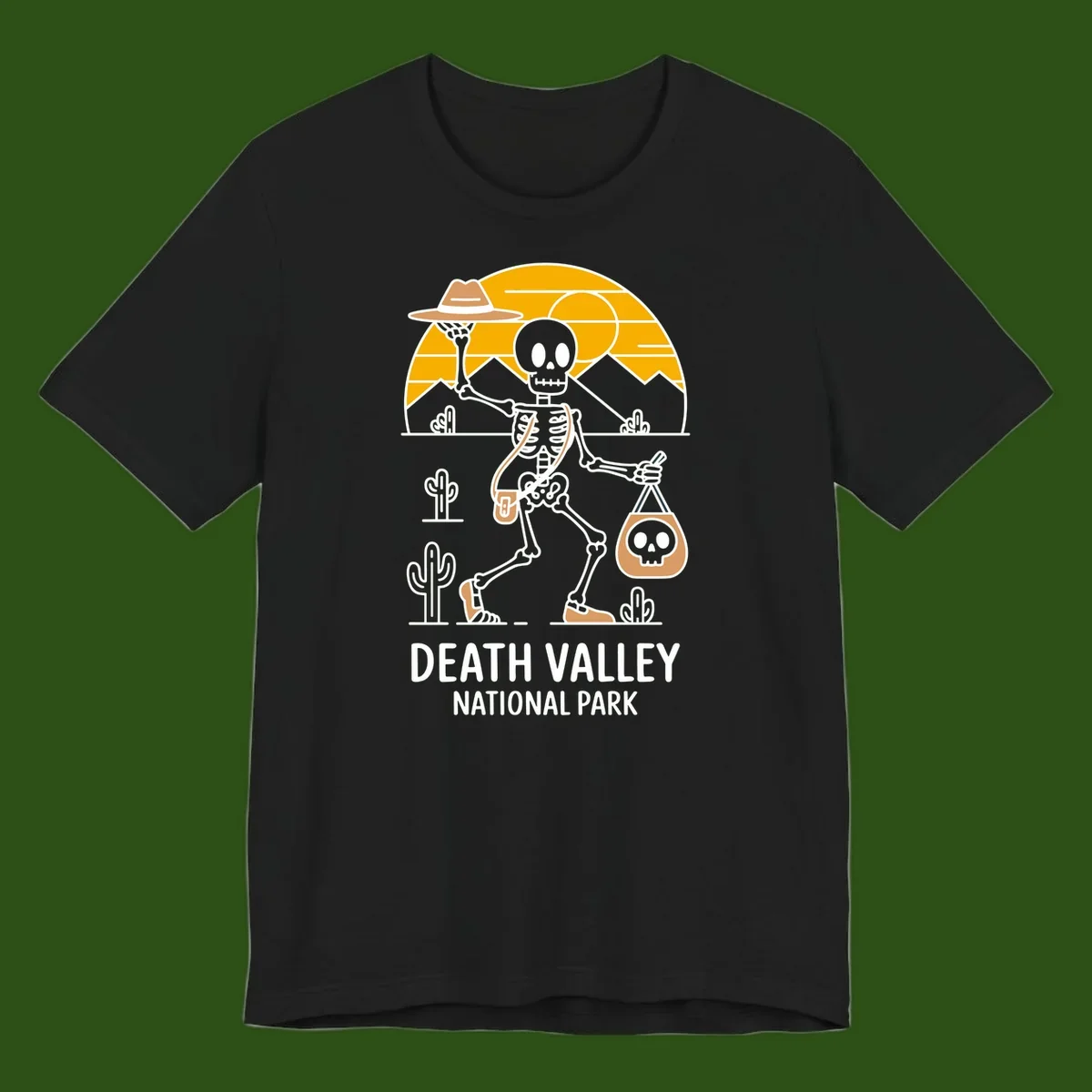 Skeleton cowboy holding skull pouch in Death Valley desert landscape with cacti, mountains, and golden sun rays