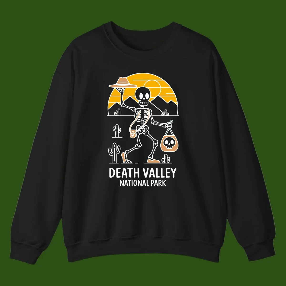 Skeleton cowboy holding skull pouch in Death Valley desert landscape with cacti, mountains, and golden sun rays