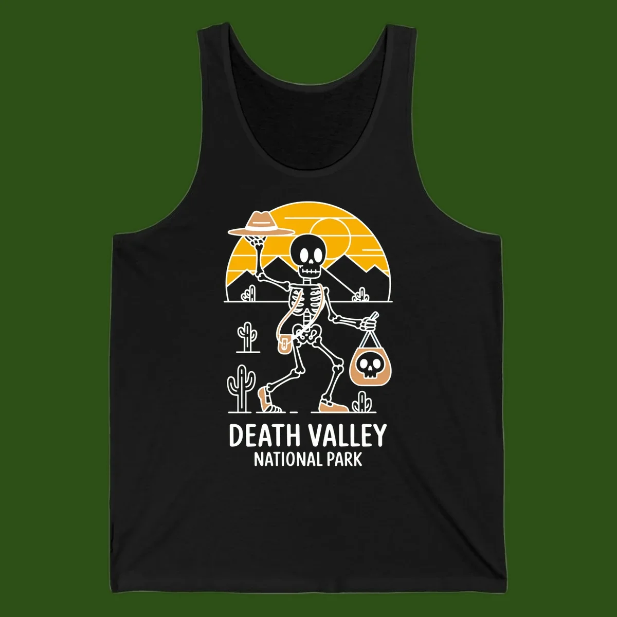 Skeleton cowboy holding skull pouch in Death Valley desert landscape with cacti, mountains, and golden sun rays