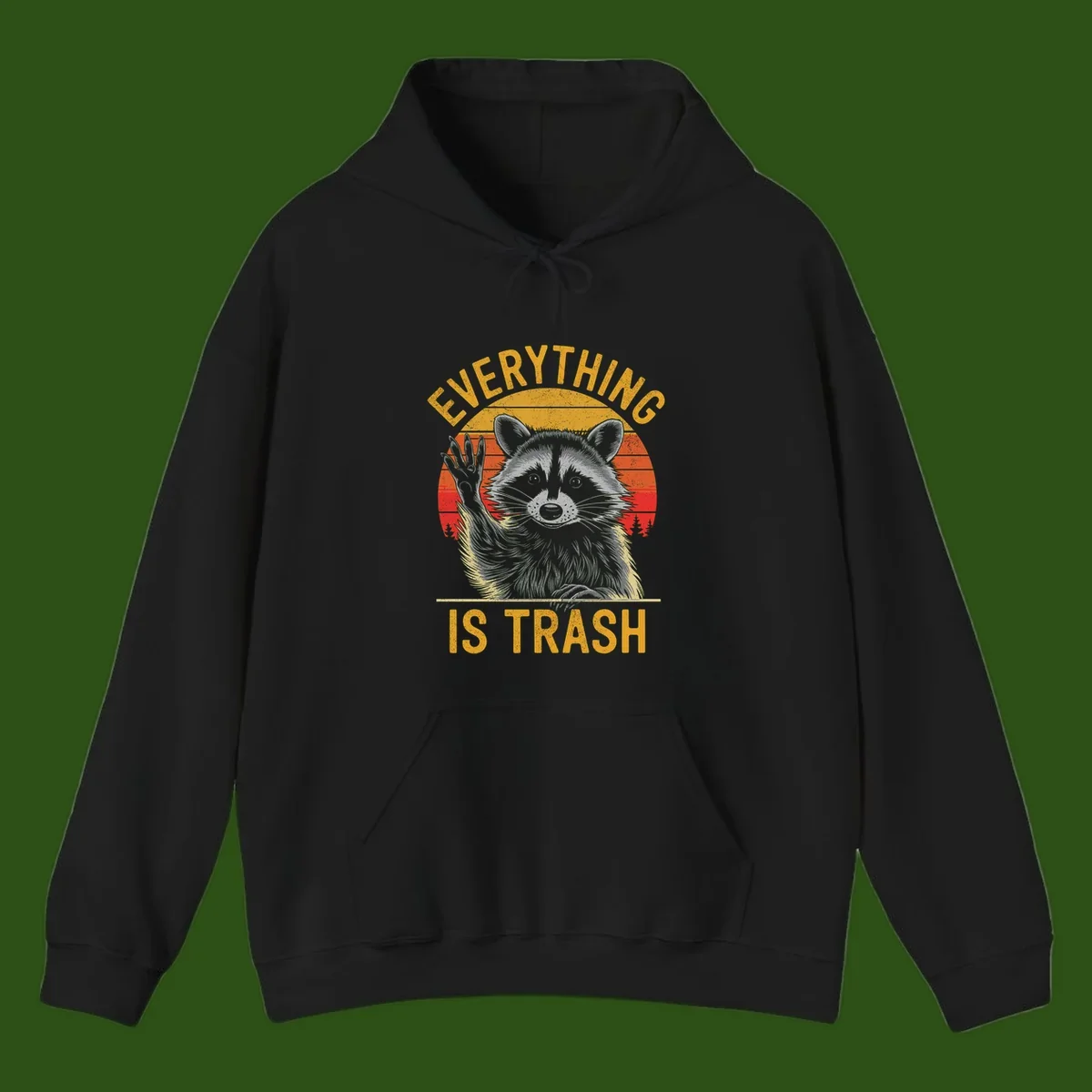 Vintage-style illustration of a raccoon with raised paw against retro sunset stripes, text reading 'Everything Is Trash' in distressed gold lettering