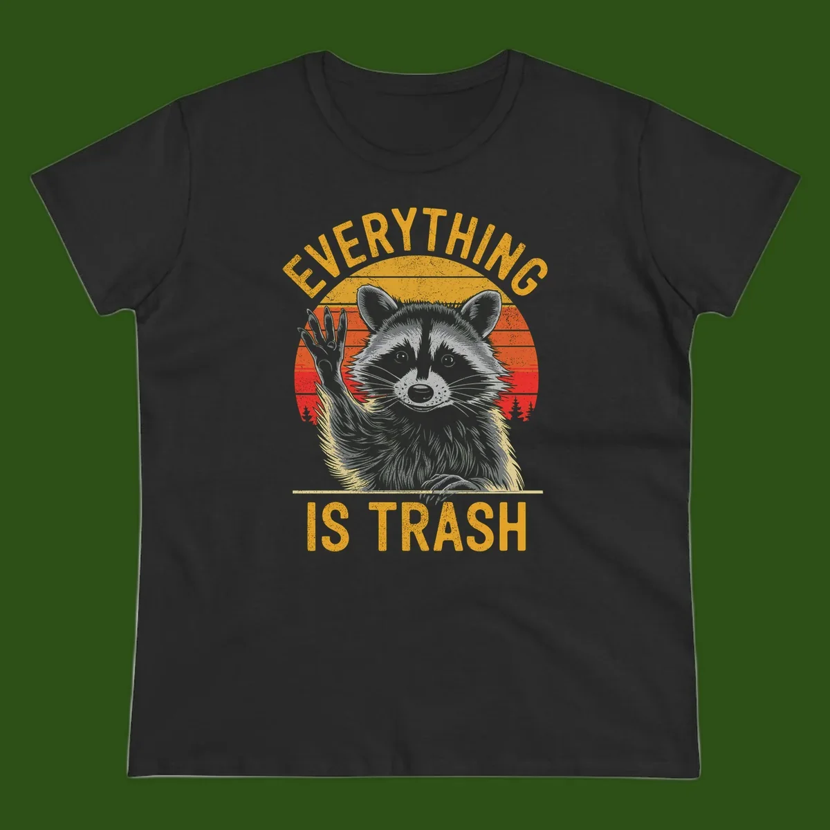 Vintage-style illustration of a raccoon with raised paw against retro sunset stripes, text reading 'Everything Is Trash' in distressed gold lettering
