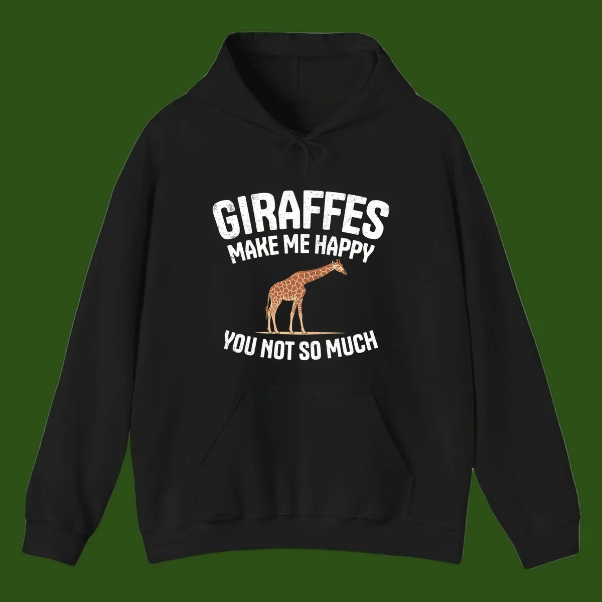 Giraffe make me happy design with distressed white text on gray background, humorous introvert-themed illustration