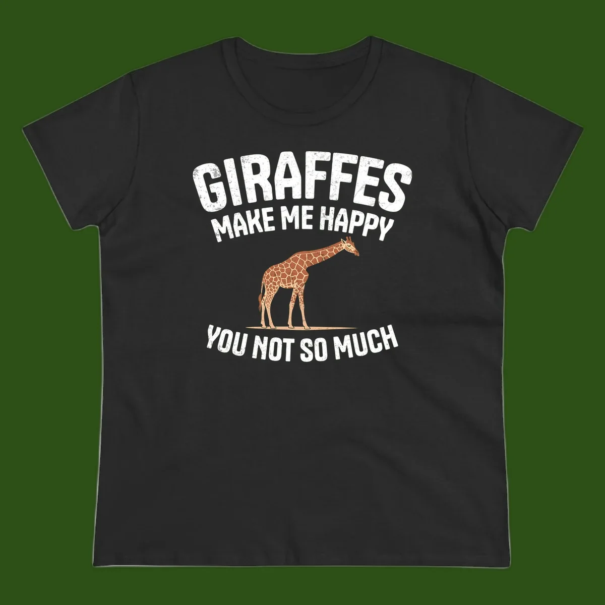 Giraffe make me happy design with distressed white text on gray background, humorous introvert-themed illustration