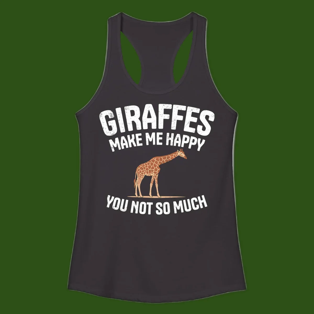 Giraffe make me happy design with distressed white text on gray background, humorous introvert-themed illustration