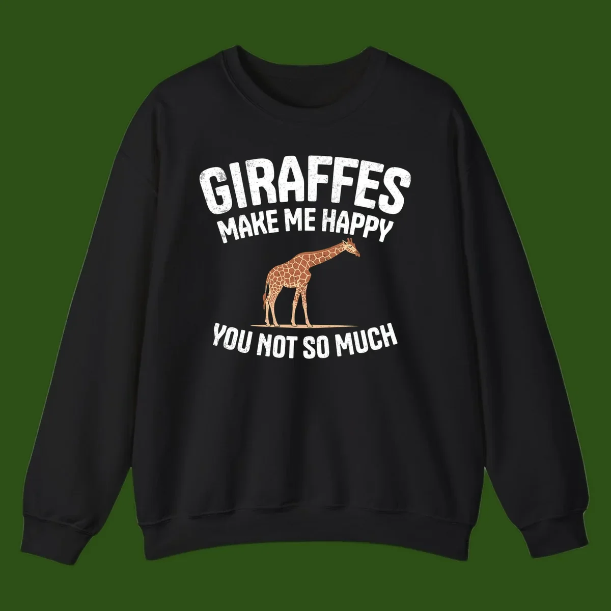 Giraffe make me happy design with distressed white text on gray background, humorous introvert-themed illustration